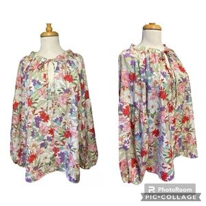 Gee Gee Split Tie Neckline Floral Blouse Long Sleeve Sz 2X/3X